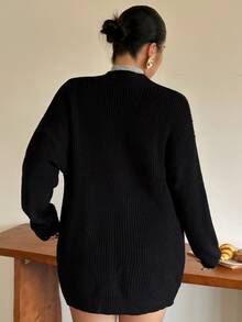 Livesso Deep V-Neck Layered Design Loose Korean Style Long Sweater - Black - View 2