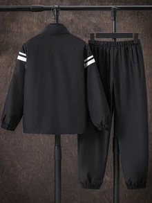 SHEIN 2件組兒童青少年男孩休閒運動風洛杉磯字母圖案拼色織帶連帽外套與長褲套裝，適合通勤、上學、日常休閒、度假、旅行、運動，秋冬穿著 - 黑色 - 查看 3