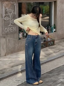 DAZY 女款鈕扣口袋鉚釘牛仔喇叭牛仔褲 - 藍色 - 查看 2