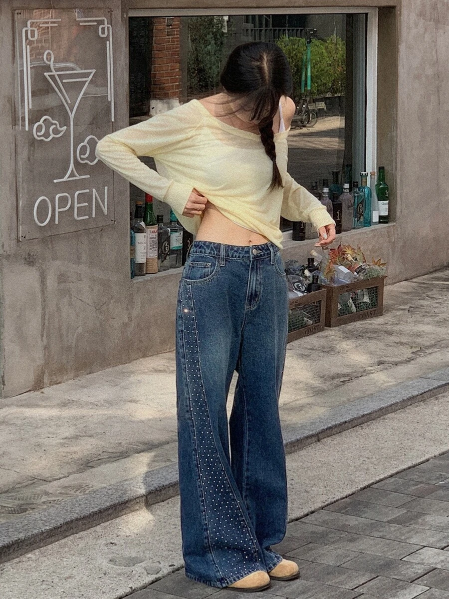 DAZY Jeans acampanados de mujer con botones, bolsillos y remaches de mezclilla - Azul - Ver 1