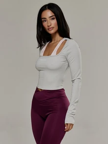Musera Sport Contrast Colour Strap Scoop Neckline Fitted Long Sleeve Active Coord Top Cute Girly Autumn Winter Fall Gym Holiday Dainty Ice - Grey - View 3