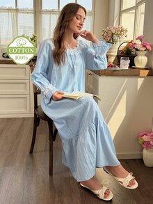 Snug Reverie Korean Style Spring/Autumn Long Sleeve Sweet Lace 100% Pure Cotton Jacquard Nightgown Loungewear - Baby Blue - View 7