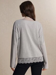 Poéselle Women's Contrast Lace 2-In-1 V-Neck Long-Sleeve Top, Loose-Fit Cotton-Blend Layering Blouse For Fall, Thanksgiving, And Christmas - Light Grey - View 2