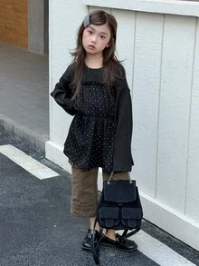 Dazy Kids Girls' Black Patchwork Polka Dot Top, Autumn T-Shirt With Ruffle Waist, Elastic New Style - Black - View 1