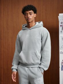 TOKVUE 男士連帽衛衣，極簡圖案刺繡工藝，男士秋冬連帽衛衣，灰色衛衣，寬鬆落肩版型，衛衣面料，休閒舒適百搭，適合外出、通勤、街頭風、通勤、旅行、度假、日常穿著等 - 灰色 - 查看 5