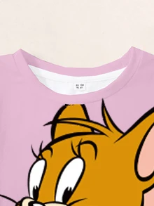 TOM & JERRY X SHEIN 少女款標語卡通印花圓領短袖休閒T恤 - 白色 - 查看 5