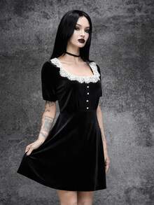Cryptelle Women's Square Neck Lace Button Front Mini Short High Waist Velvet Dress Autumn/Winter Black Gothic Halloween Outfit Costume - Black - View 6