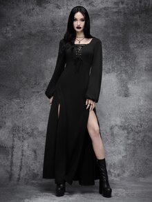 Cryptelle Women's Black Gothic Lace-Up Slit Long Dress Witch Halloween Outfit Autumn/Winter - Black - View 4