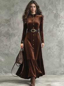 Balvessa Women's Elegance Brown Velvet Lapel Button-Stitched Pleated Maxi Dress Fall/Winter Many Occasions - Brown - View 6
