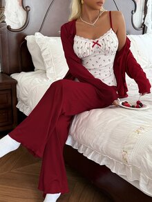 CottageSlumber Romantic Pastoral Ditsy Floral Slim Fit Spaghetti Strap Contrast Color Frill Trim Long Sleeve Cardigan & Pants Women's Pajama Set - Burgundy - View 5