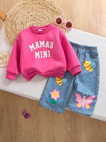 SHEIN Baby Girl Letter Graphic Pullover Sweatshirt & Cartoon Bee Butterfly Print Jeans Set - Multicolor - View 3
