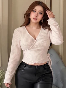 REIGN AVE كارديجان بأكمام طويلة بأسلوب كوري مع ربطة وكتف غير متماثل - أبيض - مشاهدة 6