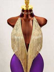 Mistrie Sexy Black & Gold Tassel Halter Neck Deep V Backless Cinched Waist Bodycon Bodycon Cocktail Party Dress - Purple - View 5