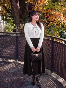 Bijouette Plus Size DressesPlus Size Contrast Binding V Neck Bowknot Front Flap Detail 2 In 1 Dress,Daily Commute,French Elegant,Ladylike,Office Lady Fall - Black - View 6