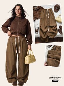 Comfortcana Plus Size Women's Drawstring Waist Plaid Wide Leg Loose Casual Long Pants - Brown - View 8