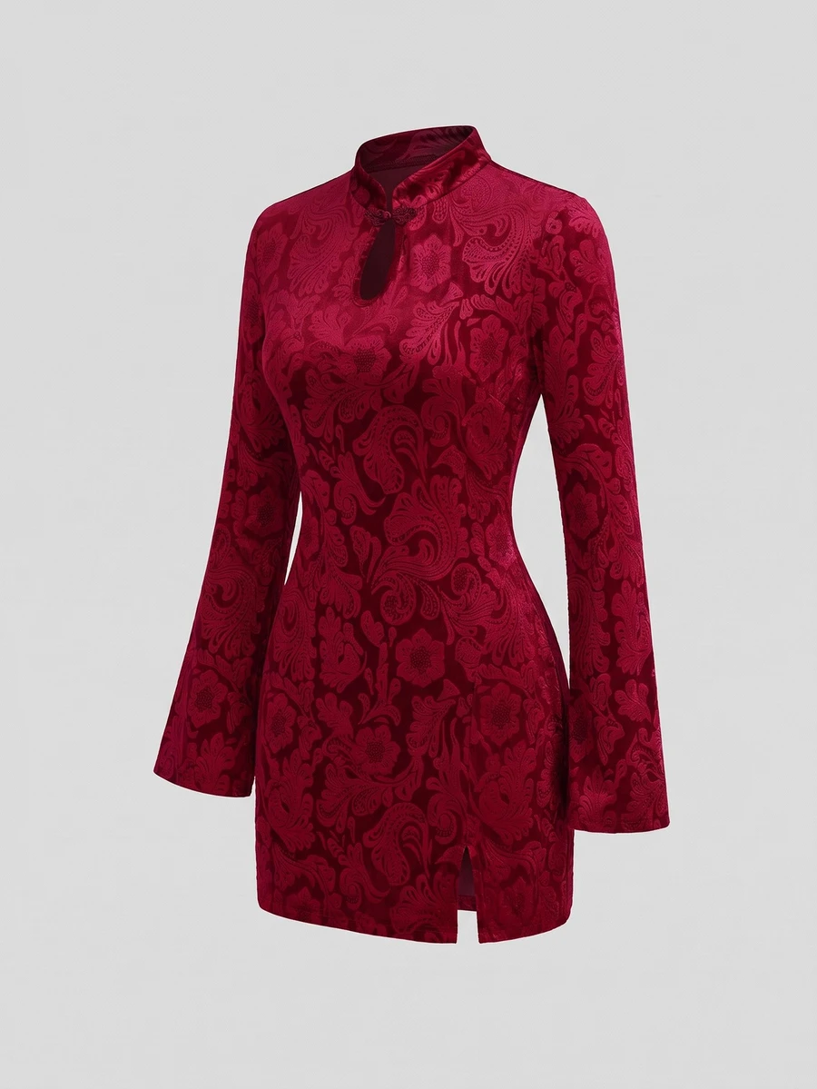 Sweetra Women's Autumn/Winter New Chinese Style & Burgundy Velvet Jacquard Short Long Sleeve Dress - Burgundy - View 1