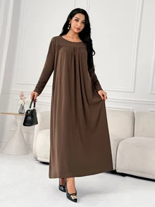 Yasmyna Women's Solid Color Pleated Casual Party Travel Arabian Dress - Brown - View 3