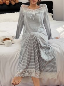 Napfluff Women's Casual Long Sleeve Long Knit Nightgown With Contrast Lace Patchwork, Square Neck And Striped Print - Grey - View 5