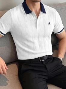 Manfinity Homme 男士時尚休閒通勤短袖 Polo 衫，男士針織提花上衣，男士圖案短袖 Polo 衫，復古風格，老錢風，適合日常休閒、週末旅行，可作為男友/丈夫禮物，派對、夏季度假、海灘穿著、夏威夷婚禮及春夏穿著 - 白色 - 查看 5