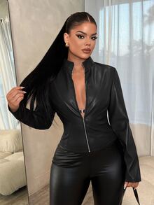 SHEIN SXY 性感修身長袖拉鍊夾克 - 黑色 - 查看 7
