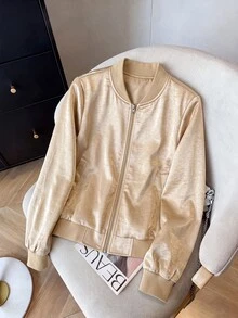 GlowEve Women's Zipper Casual Versatile Daily Travel Long Sleeve Jacket - Gold - View 1