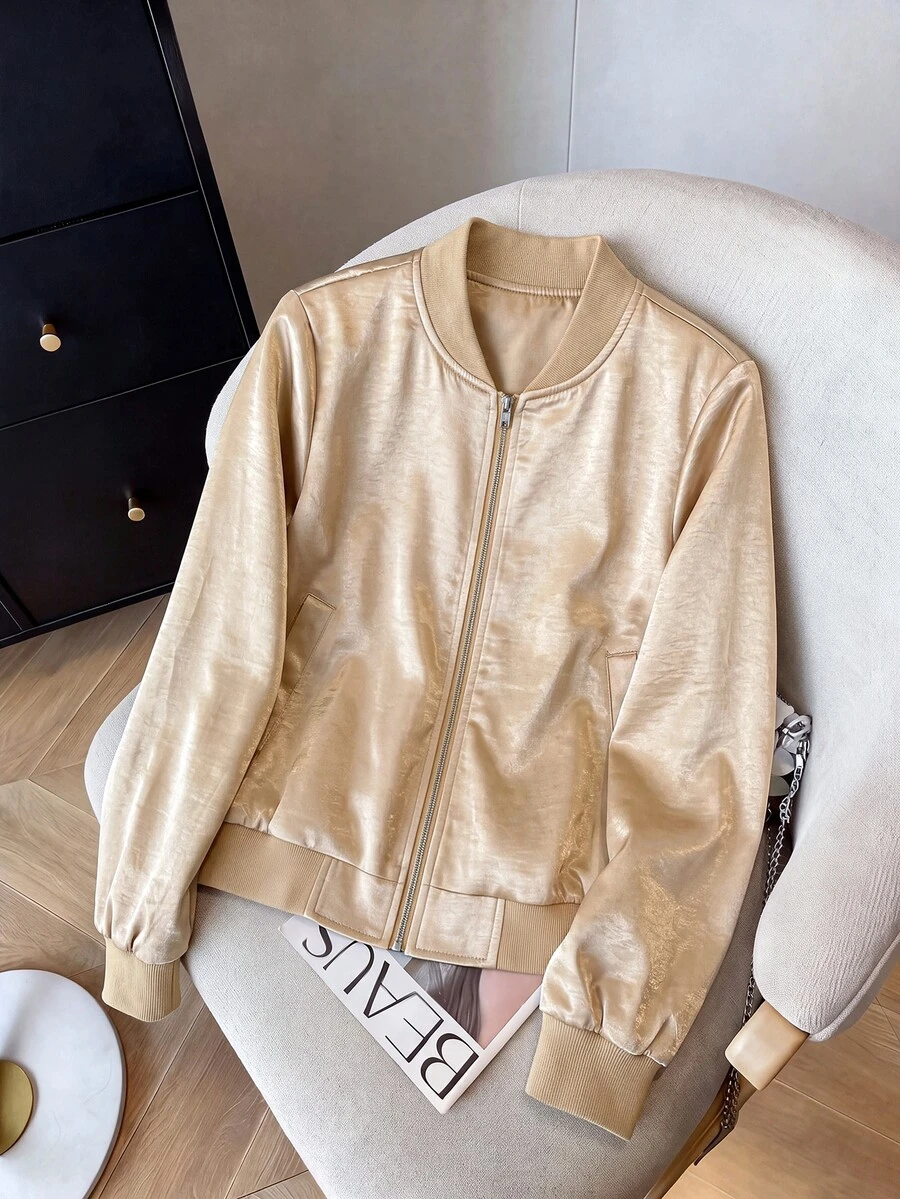 GlowEve Women's Zipper Casual Versatile Daily Travel Long Sleeve Jacket - Gold - View 1