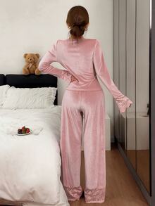 Napfluff V-Neck Criss-Cross Velvet Loungewear Set, Exquisite Lace Patchwork Long Sleeve Pajama 2 Pieces Set - Pink - View 2