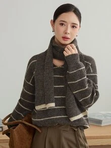 Dazy-Less Women's Winter Coffee Brown Round Neck Long Sleeve Cable Knit Slim Fit Ribbed Casual Sweater - Coffee Brown - View 1