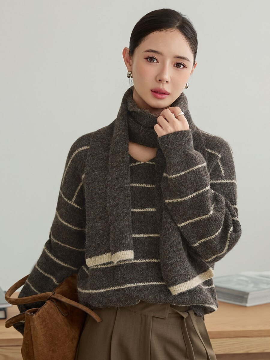 Dazy-Less Women's Winter Coffee Brown Round Neck Long Sleeve Cable Knit Slim Fit Ribbed Casual Sweater - Coffee Brown - View 1