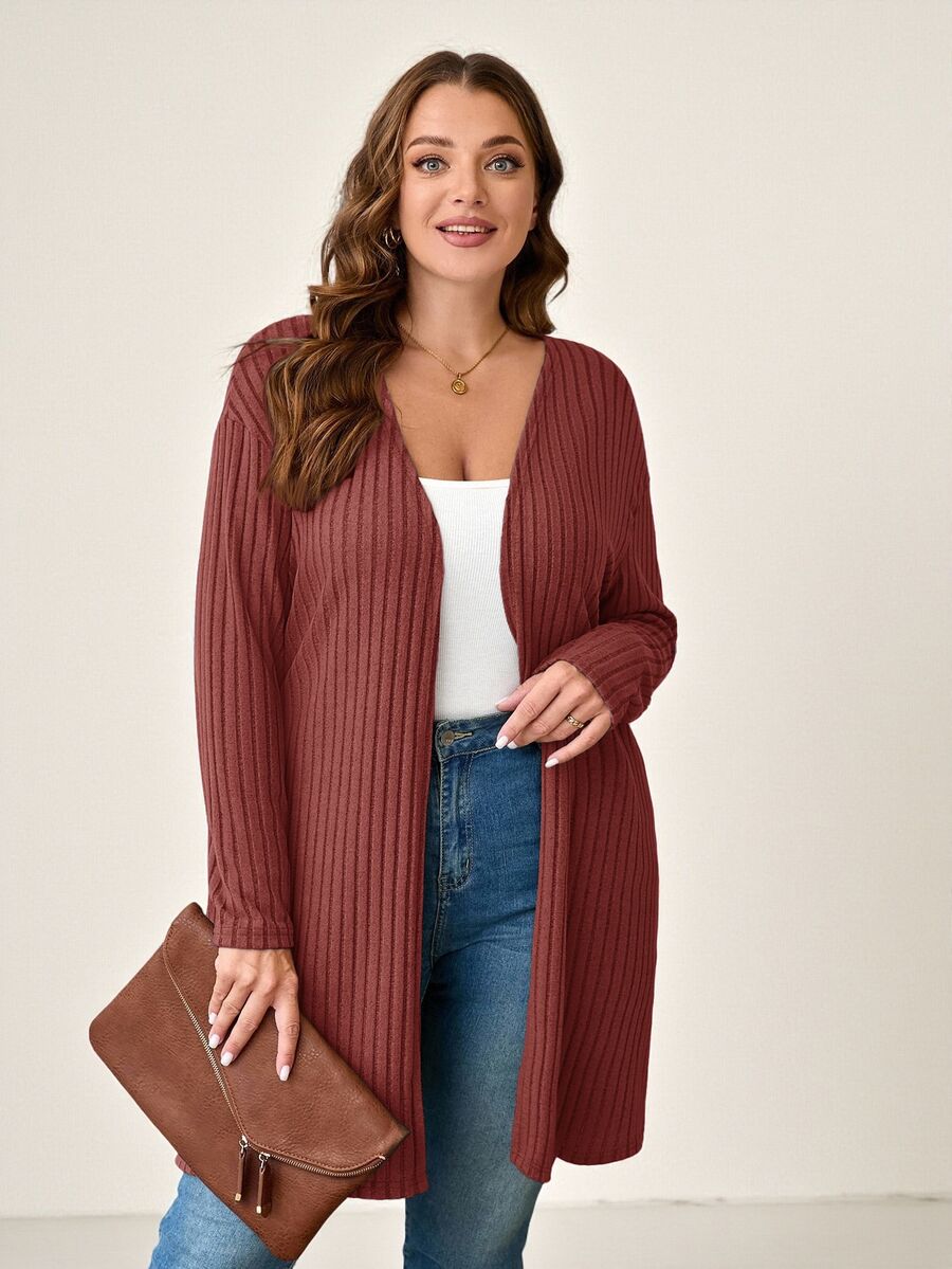 Comfylo Plus Size Plain Color Ribbed Knit Cardigan For Spring And Autumn Winter Clothes,Fall Women Clothes,Fall Clothes For Women Office Airport Navy - Rusty Rose - View 1