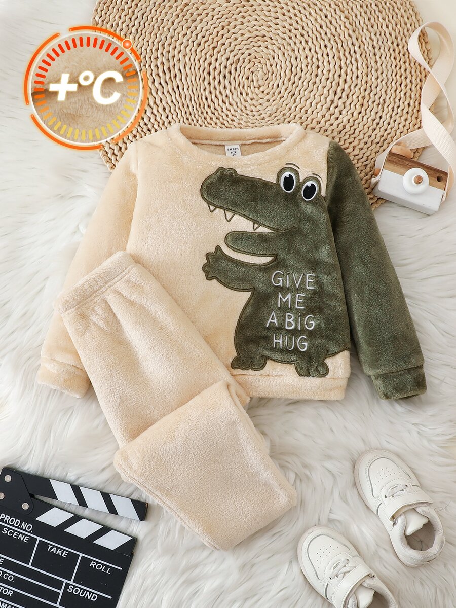 SHEIN Bộ đồ ngủ 2 món họa tiết khủng long hoa, cổ tròn, vai thường, tay dài, quần dài, chất nỉ san hô mềm mại thoải mái hai mặt - Nhiều màu - Xem 1