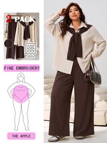 Solflare Plus Size Faux Cape Button Shirt And Pocket Pants 2 Pieces Set - Multicolor - View 1