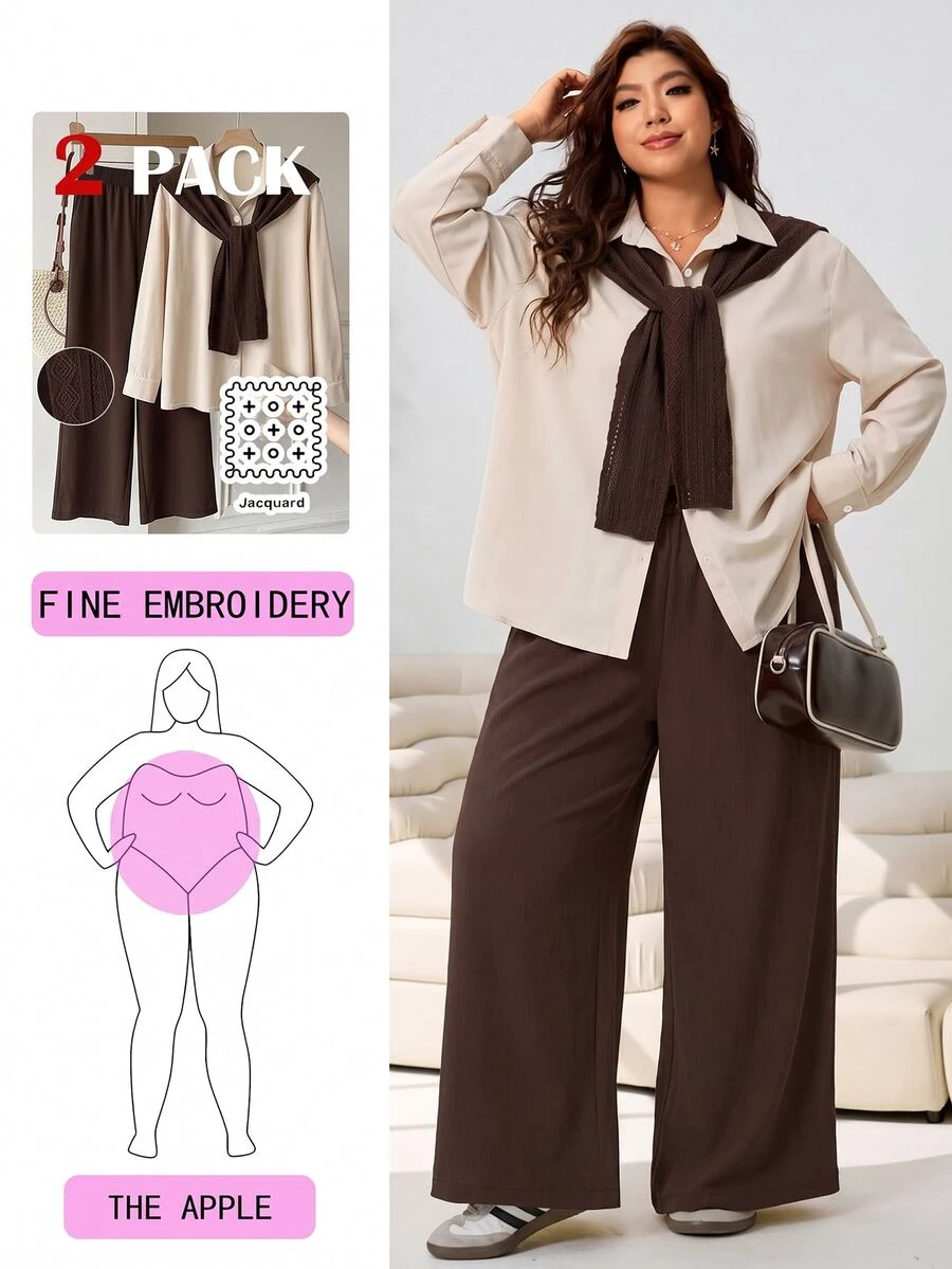 Solflare Plus Size Faux Cape Button Shirt And Pocket Pants 2 Pieces Set - Multicolor - View 1