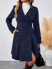 SHEIN Clasi 女款長領環扣收腰灰色風衣，秋冬女裝 - 藏蓝色 - 查看 6