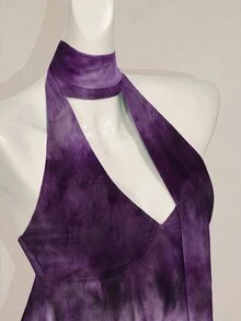 SHEIN ICON Y2K 夏季女款 V 領波西米亞海灘度假嘻皮風夏威夷娃娃裙式飄逸掛脖印花漸層青色背心上衣 - 紫色 - 查看 5