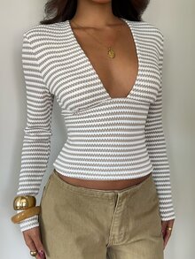 Aloruh Women's Autumn/Winter New Striped Deep V-Neck Fitted Long Sleeve T-Shirt - Khaki - View 4