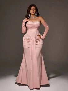 Viva Relle Plus Size Women's Off-Shoulder Ruched Faux Pearl Decor Elegant Waist-Cinching Party Dress - Pink - View 3