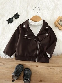 SHEIN 男嬰純色酷帥長袖開襟秋季夾克外套 - 棕色 - 查看 9