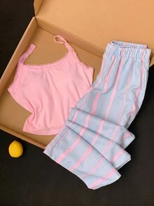 Comfortcana Plus Size Casual Home Lace Patchwork Tank Top And Striped Long Pants 2 Pieces Set - Pink - View 9