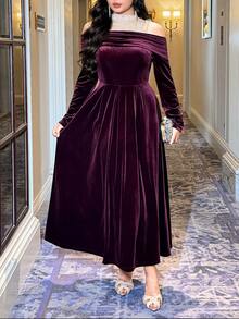Feyla New Premium Elegant Lace Patchwork Luxury Long Dress For Banquet - Purple - View 2