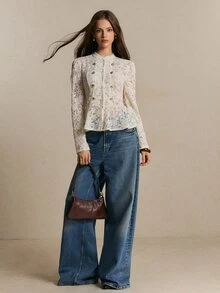 Poéselle جاكيت شتوي نسائي أنيق بتصميم أزرار مزدوجة وبلوزة علوية بياقة دانتيل وحافة مكشكشة، ستايل Y2K نابليون للخروجات، مناسب للهالوين والستايل الريفي - لون مشمشي - مشاهدة 3