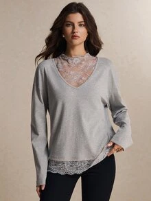 Poéselle Women's Contrast Lace 2-In-1 V-Neck Long-Sleeve Top, Loose-Fit Cotton-Blend Layering Blouse For Fall, Thanksgiving, And Christmas - Light Grey - View 6
