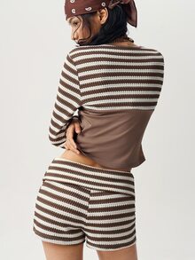 Bohemela Women's Patchwork Striped Long Sleeve Single-Breasted Top And Shorts 2 Pieces Set - Brown - View 7