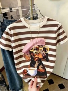 Resyla 女款街頭風圖案短袖T恤上衣，可愛夏季上衣 - 彩色 - 查看 1