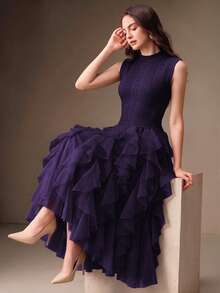 Anewsta 女款新款無袖針織鉤編拼接多層荷葉邊下擺浪漫優雅長洋裝 - Bold Plum - 查看 5