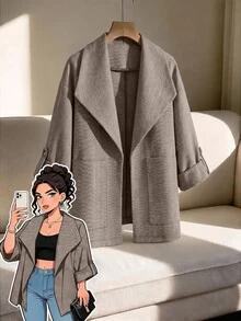 GlowEve CURVE Plus Size Women's Casual Vintage British Herringbone Tweed Jacket With Pockets - Brown - View 6