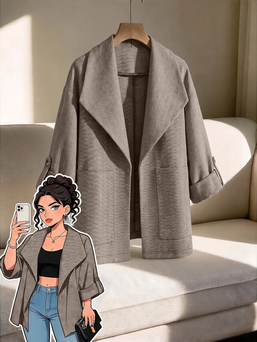 GlowEve CURVE Plus Size Women's Casual Vintage British Herringbone Tweed Jacket With Pockets Winter - Brown - View 1