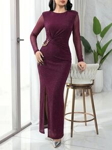 Feyla New Shoulder Pads Waist Pleats Slimming Design Metal Chain Decoration Elegant Elegant Banquet Dress - Red Violet - View 2