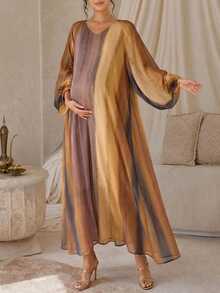 DAZY Gaun Maxi Kasual Lengan Panjang Berkerah V Longgar Motif Garis-garis untuk Liburan Musim Semi dan Gugur, Cocok untuk Ibu Hamil - Khaki - View 11