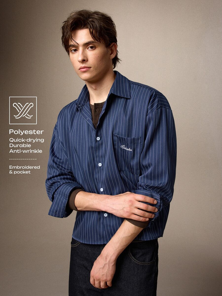 Calmiston Men's Striped Casual Long Sleeve Shirt For Daily Wear - Blue - View 1